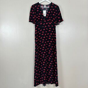 A New Day Women's 4 Maxi Dress Black Red Lip Print V-Neck Flutter Sleeve NEW